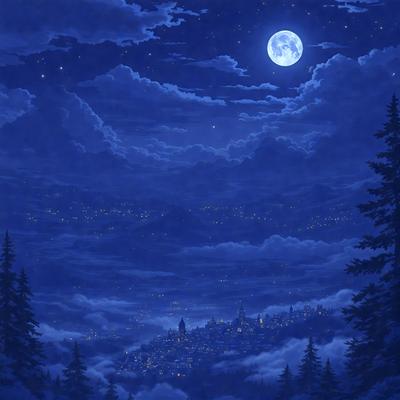 The primary subject of the image is a cityscape at night, with a moon in the sky and a few stars visible. The setting is a cloudy night, and the visual style is a digital art or illustration. The dominant colors are blue and white, with the blue sky and white clouds creating a serene and peaceful atmosphere.